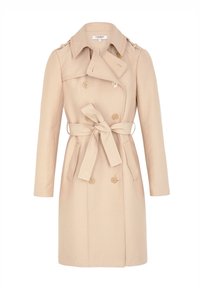 Beige trenchcoat met lange mouwen, dubbelzijdige voorkant, zijzakken en een strikceintuur in de taille. Glad materiaal met minimale details.