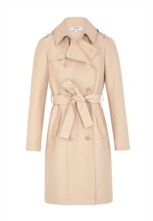 Beige Trenchcoat mit langen Ärmeln, doppelter Knopfleiste, Seitentaschen und einem gebundenen Gürtel in der Taille. Glattes Material mit minimalen Details.