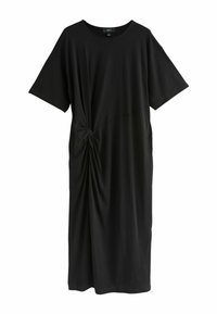 mustmust mustriiet väliskülgedel, ümar kaelus ja ees keeratud sõlm üksikasjal. 