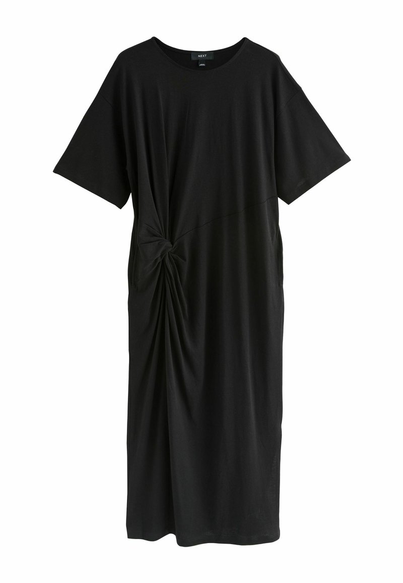 mustmust mustriiet väliskülgedel, ümar kaelus ja ees keeratud sõlm üksikasjal. 