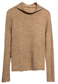 Brauner, langärmeliger Pullover mit strukturierter Oberfläche, ausgestattet mit einem umgeschlagenen Rollkragen und einer lockeren Passform. Schlichtes Design ohne Muster.