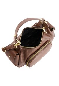 Braune Lederhandtasche mit goldenen Beschlägen, strukturiertem Äußeren, Reißverschlussfächern und einer strukturierten Form. Innenfutter mit Logomuster.