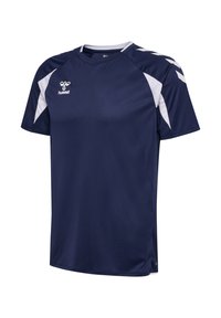 T-shirt de sport bleu marine avec des accents chevron blancs sur les épaules et des panneaux blancs sous les manches, avec le logo Hummel sur la poitrine.