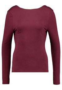 Maglietta a maniche lunghe in bordeaux, realizzata in materiale morbido e elasticizzato. Presenta un scollo ampio e una piccola tasca sul petto. Design semplice e aderente.