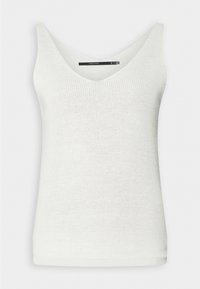 Weißes ärmelloses Top mit tiefem V-Ausschnitt, gerippter Textur und tailliertem Design. Der Stoff wirkt leicht und atmungsaktiv.
