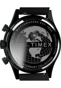 Orologio da polso in acciaio inossidabile nero con quadrante rotondo che presenta un design del globo, dotato di un cinturino in silicone nero e pulsanti a pressione sporgenti.