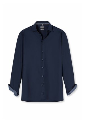 Navyblaues Herrenhemd mit langen Ärmeln, Knopfleiste vorne und gemustertem Innenfutter an Manschetten und Kragen.