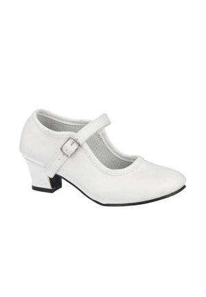 Zapato Mary Jane blanco con tacón bajo y correa ajustable con hebilla, adecuado para ocasiones formales o de vestir.