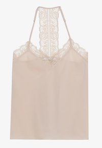 Nøgen camisole med blondekant og justerbare stropper. Glat stofstruktur, v-hals design, blonderyg med blomster mønstre.