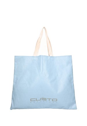 Lichtblauwe draagtas met beige handvatten en "Custo Barcelona" logo in grijs gedrukt op het midden vooraan.