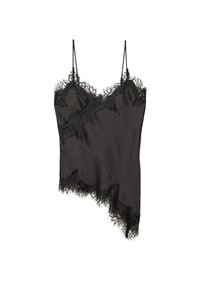 Sort camisole med delikat blonderand langs kanterne, asymmetrisk design, justerbare stropper og glat satinlignende stof.