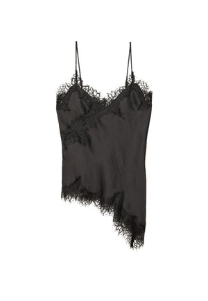 Černý top na ramínka s jemným krajkovým lemem podél okrajů, asymetrickým designem, nastavitelnými ramínky a hladkým saténovým materiálem.