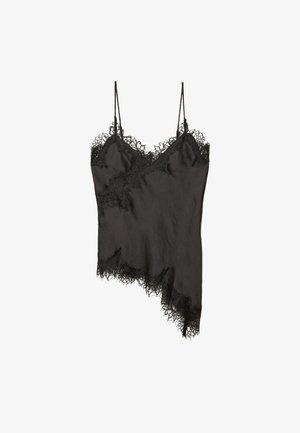Crna top majica s delikatnom čipkastom obrubom duž rubova, asimetričnog dizajna, podesivim naramenicama i glatkim satenskim materijalom.