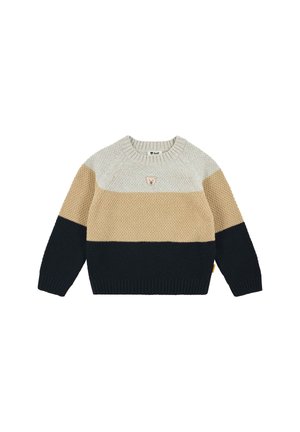 Chunky knit sweater with cream, beige, and black horizontal stripes and a small teddy bear face emblem on the chest.