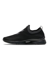 Black athletic shoe with a knitted upper, slip-on design, and textured pattern. Features a cushioned sole and pull tab on the heel.