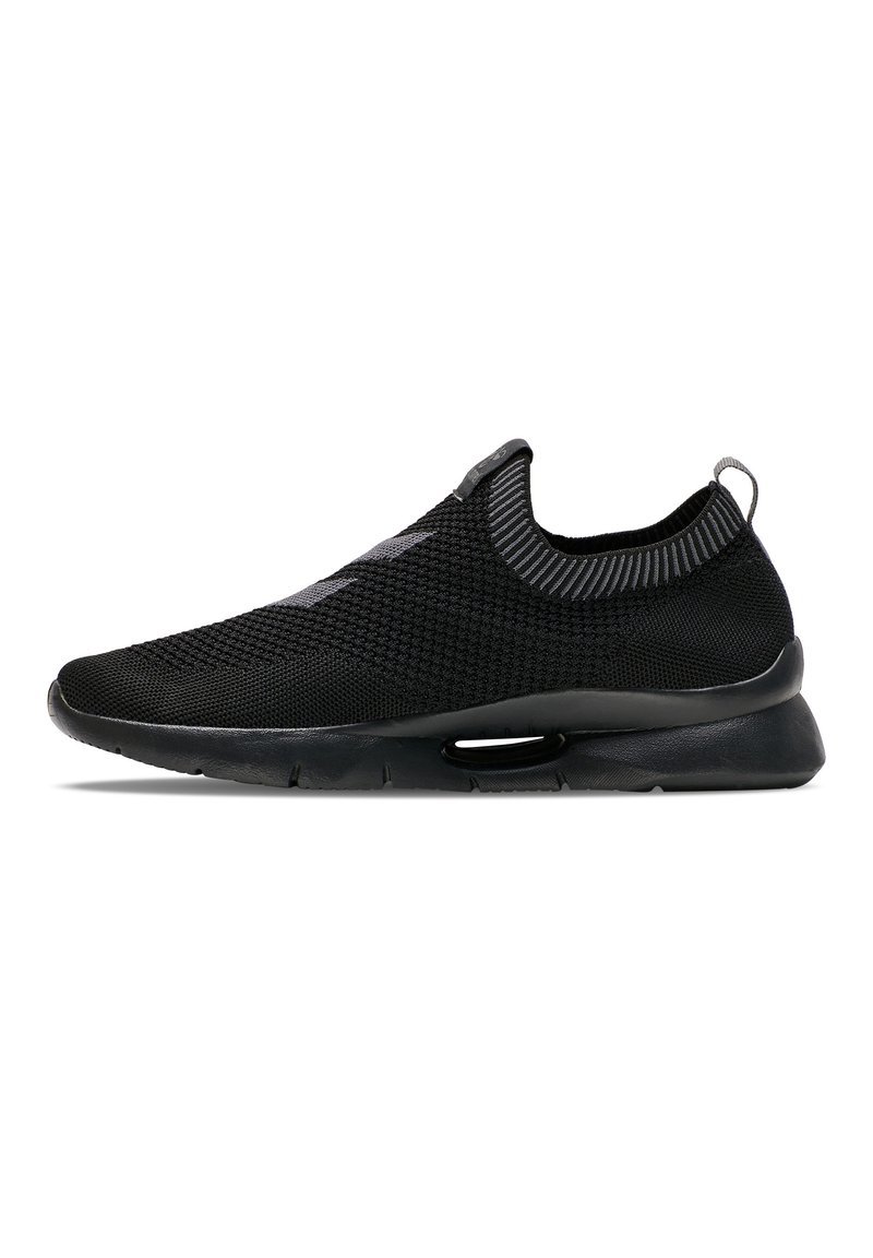 Black athletic shoe with a knitted upper, slip-on design, and textured pattern. Features a cushioned sole and pull tab on the heel.