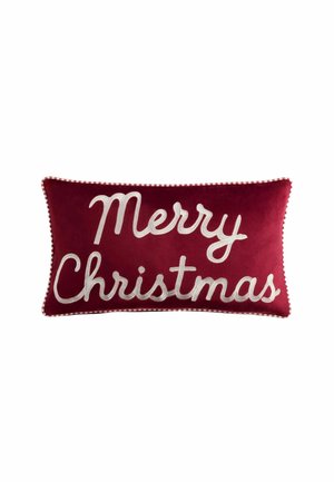 Red rectangular pillow with white embroidered text saying "Merry Christmas" and a white and red striped edge.