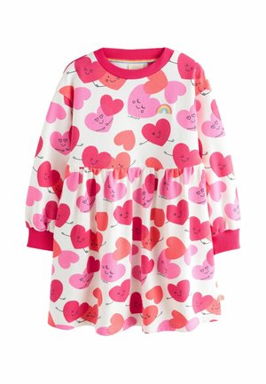 Long-sleeve dress made of soft fabric, featuring a white base with pink heart designs and cute facial expressions, and a gathered skirt.