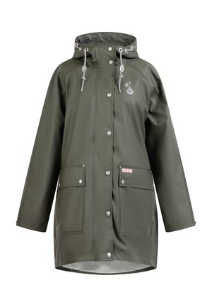 Olivgrüne, wasserdichte Regenjacke mit Kapuze, Druckknöpfen, zwei Fronttaschen und verstellbaren Kordeln für einen sicheren Sitz.