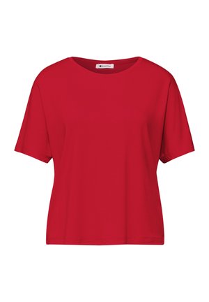 T-shirt rouge manches courtes, col rond, coupe décontractée avec l'étiquette "Street One" à l'intérieur du col.