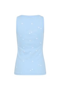 Ljusblå linne i ribbat tyg, med små vita hjärtan, rund halsringning och utan ärmar.