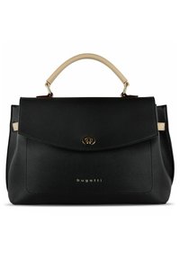Borsa a spalla in pelle nera con texture, manico curvo di colore chiaro, chiusura a pattina, accessori in oro e il nome del marchio "bugatti" impresso sulla parte anteriore.