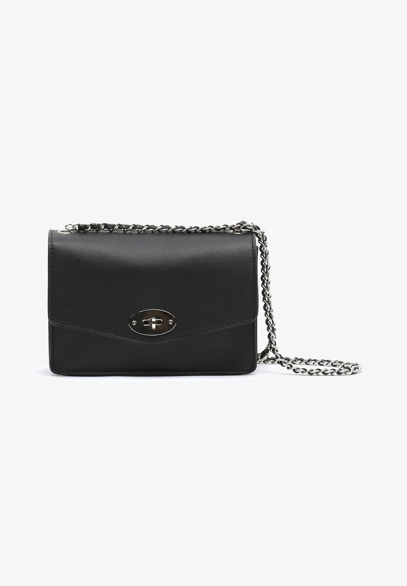 Black faux leather handbag with a silver chain strap, oval metallic clasp, and angular flap design, featuring smooth texture and minimal detailing.