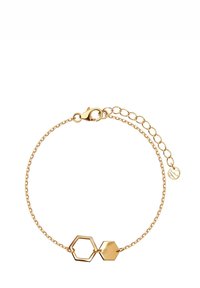 Złota bransoletka z ogniwami w kształcie heksagonów i pentagonów, z zapięciem typu homar i regulowaną długością za pomocą łańcuszka przedłużającego.