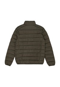 Vadderad jacka i mörk olivgrön med hög krage, med horisontella quiltade sektioner och elastiska muddar. Slät, glänsande textur.