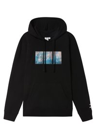Sweat à capuche noir en coton, avec un motif central bleu et rose, une poche kangourou et une capuche à cordon.