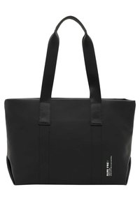 Czarna prostokątna torba na ramię z szerokimi uchwytami i małym białym oraz zielonym napisem "SURI FREY" w prawym dolnym rogu.