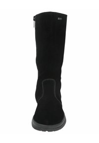 Schwarze kniehohe Stiefel aus Wildleder mit Gummisohle, seitlichem Reißverschluss und kontrastierenden Nähdetails.