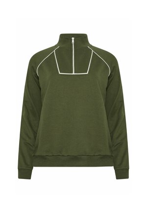 Pull-over vert olive à manches longues, col montant, demi-fermeture éclair à l'avant et détail de passepoil blanc autour de la poitrine et des épaules.