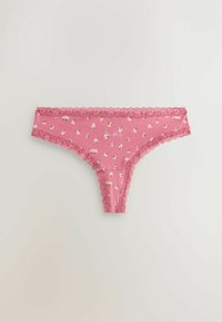 Thong roz cu dantelă, cu imprimeu floral mic și detaliu de text "biorad". Material din bumbac moale, cu un margine delicată, ondulată.