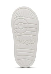 Suola di scarpa in gomma bianca con scanalature testurizzate e un design circolare con logo in rilievo "FalcOtto". Indicatore di misura "19" incluso.