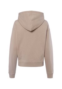 Beige hooded sweatshirt met lange mouwen, geribbelde manchetten en tailleband, van achteren getoond op een witte achtergrond.