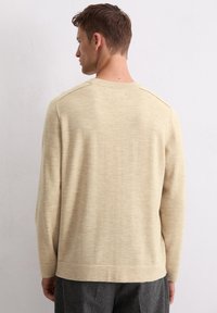 Pull en maille beige clair avec des manches longues, col rond et finition texturée. Présente une coupe décontractée et des détails subtils aux épaules.