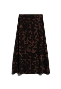 Musta ja ruskea midi-hame, jossa on abstrakti geometrinen kuvio, liehuva siluetti ja vyötärönauha, aseteltuna tasaiselle valkoiselle taustalle.