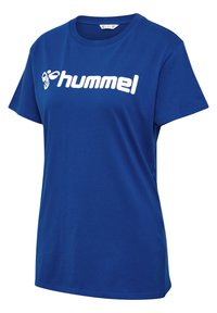 Blå bomulds T-shirt med rund halsudskæring og korte ærmer, med et stort hvidt "hummel" logo trykt på forsiden.