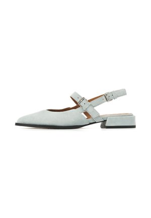 Light gray suede low-heeled women's slingback shoe with pointed toe, double buckle straps, and black sole.