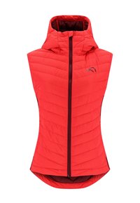 Rote isolierte Weste mit Kapuze, mit gestepptem Muster, Frontreißverschluss und kontrastierender Innenfarbe. Einfaches Logo auf der Brust.