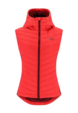 Punainen eristetty liivi, jossa on huppu, tikattu pinta, etuvetoketju ja kontrastiväri sisäpuolella. Yksinkertainen logo rinnassa.