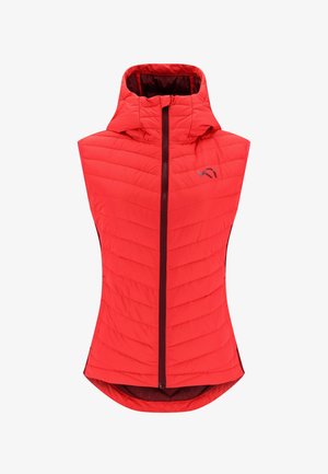 Punainen eristetty liivi, jossa on huppu, tikattu pinta, etuvetoketju ja kontrastiväri sisäpuolella. Yksinkertainen logo rinnassa.