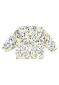 White rain jacket with a floral pattern in yellow and navy blue, featuring a hood, elastic cuffs, and a cropped design.
