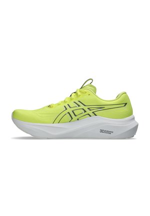 Athletic shoe in bright neon yellow with black accents, lightweight mesh upper, and a thick white sole featuring a "3D Guidance System."