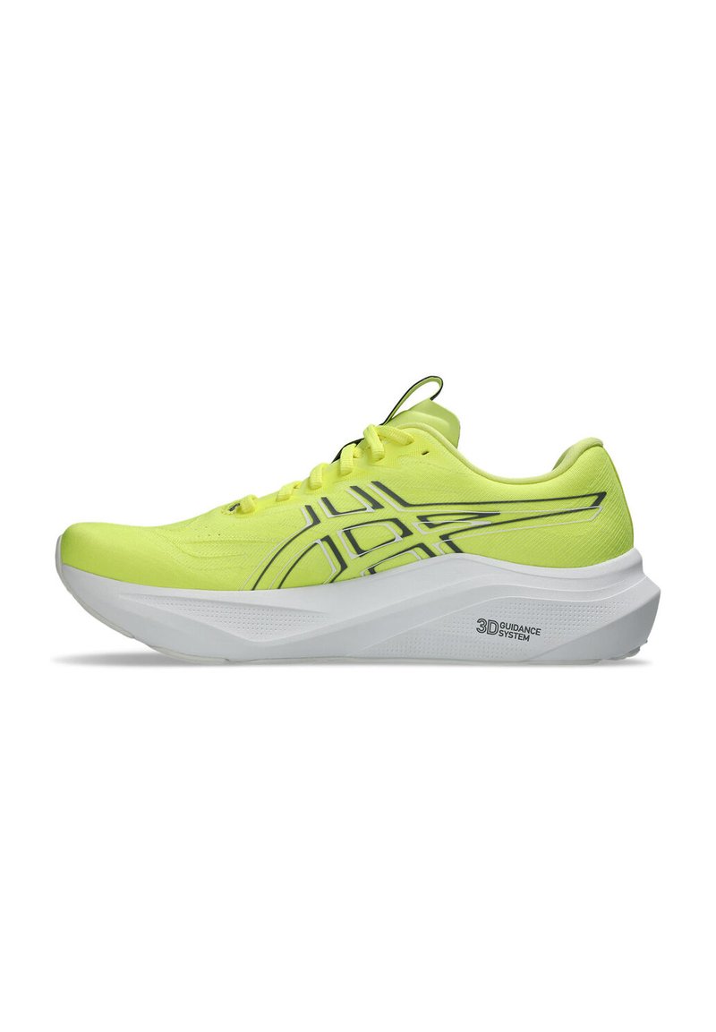 Athletic shoe in bright neon yellow with black accents, lightweight mesh upper, and a thick white sole featuring a "3D Guidance System."