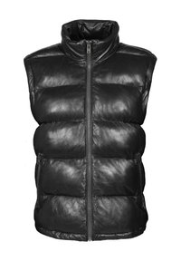 Zwarte gewatteerde leren mouwloze bodywarmer met hoge kraag en ritssluiting aan de voorkant, voorzien van twee zijzakken met rits.