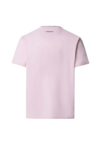 T-shirt rosa chiaro a maniche corte con collo rotondo, design semplice e il nome del marchio "Hackett" stampato all'interno sulla parte posteriore del collo.