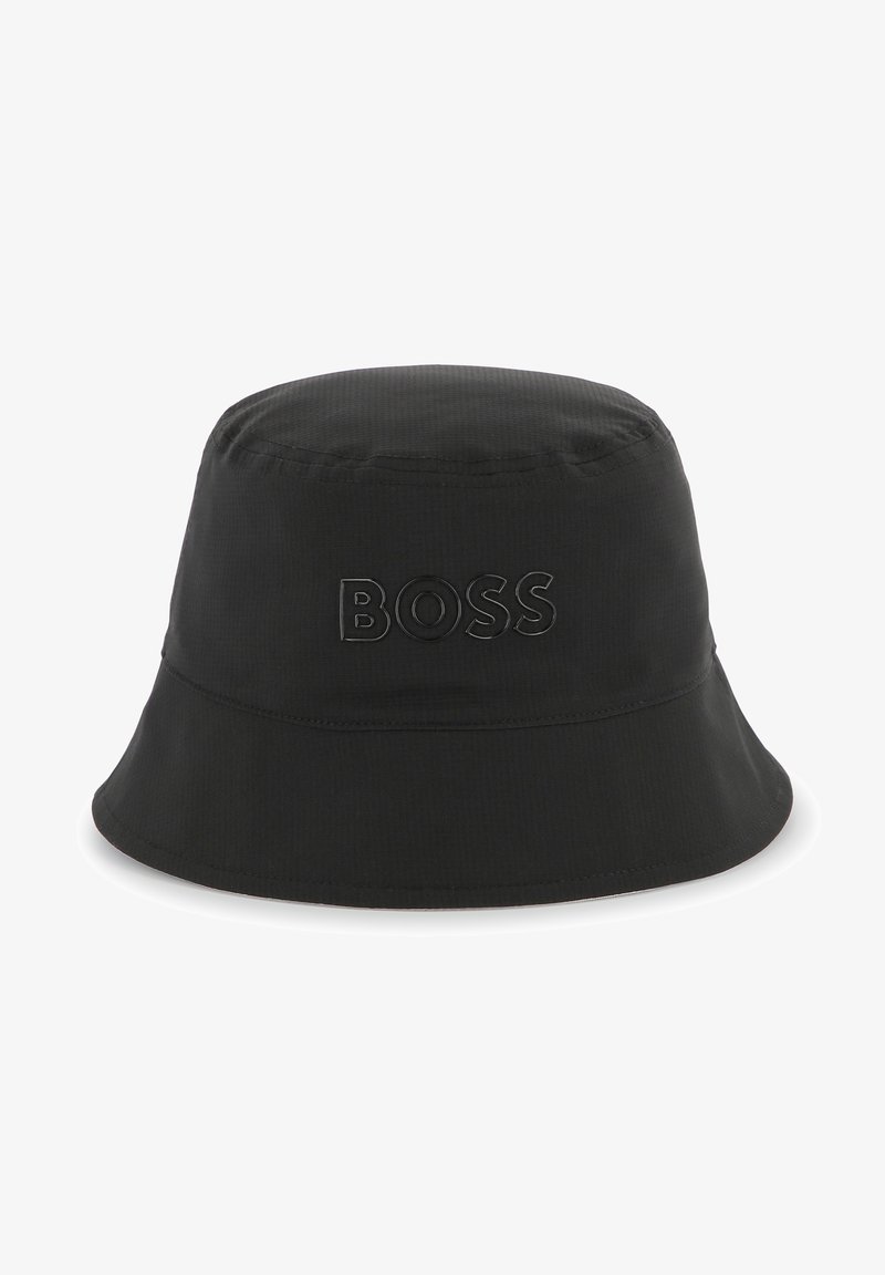 Must küllapurul, mis on valmistatud siledast kangast, esiküljel kullatud "BOSS" logo, ümar ülemine osa ja lai, pehme äär.