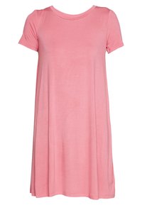 Růžové šaty s krátkým rukávem vyrobené z měkké, lehké látky. Mají kulatý výstřih a volný střih, končící těsně nad koleny.